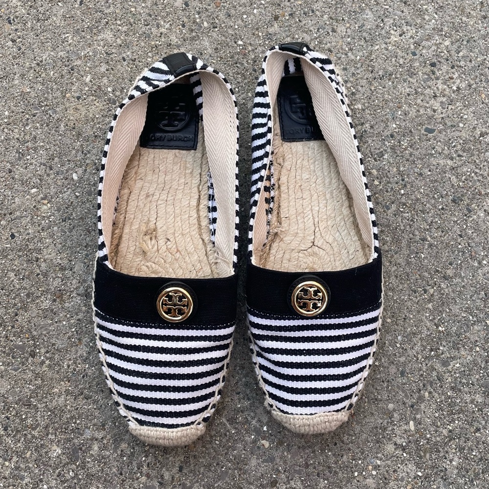 Tory Burch Black & White Striped Espadrille Flats
